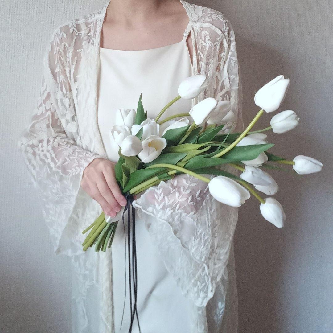 ホワイト　白　チューリップ　シャワーブーケ　ウェディングブーケ　造花 ブーケ 造花 ウェディングブーケ ブライダルブーケ チューリップ
